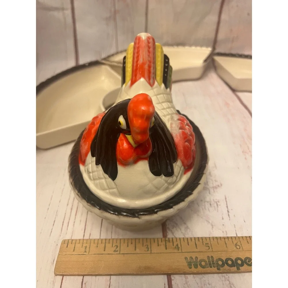 Vintage Lazy‎ Susan Red Rooster / Hen Metlox Poppytail Vtg Ceramic Relish Tray